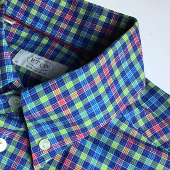 ETON contemporary colourful checkered cotton shirt Sz 15 3/4 made in Europe - Picture 10 of 11